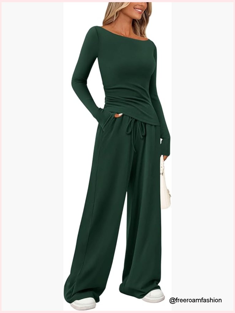 2 Piece Lounge Set Asymmetrical Top Wide Leg Pants Tracksuit